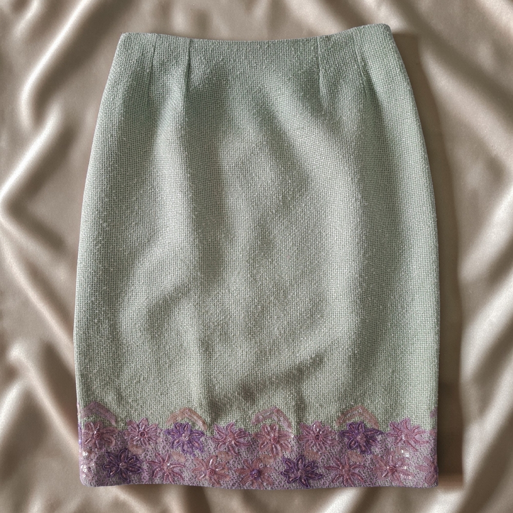 Renato Nucci Silk Blend Mint Green Pencil Skirt with Lavender Floral Hem
